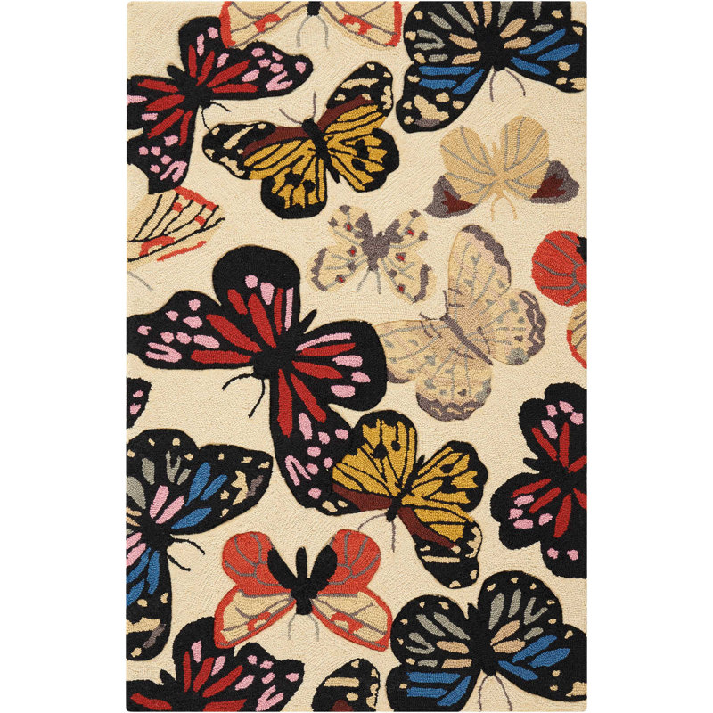 Tapis crocheté à la main beige / bleu / rouge Colleen, Rectangle 2 pi 6 po x 4 pi
