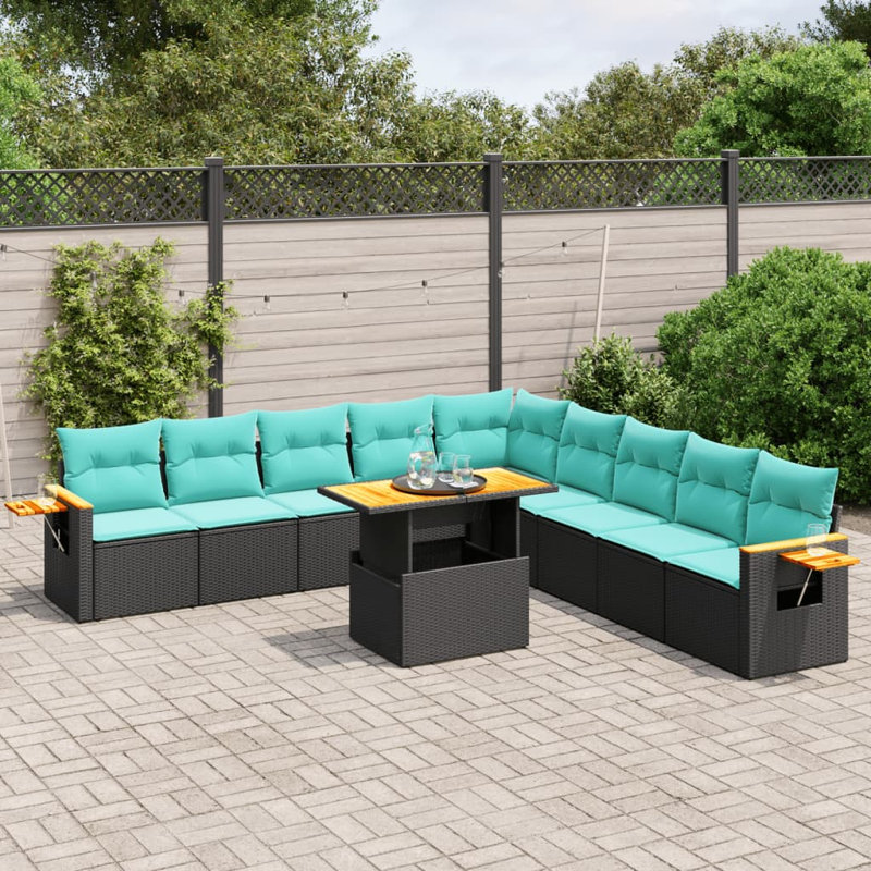  Ensemble de canapé de patio 11 pièces avec coussins en rotin de polyester, Noir, Vert