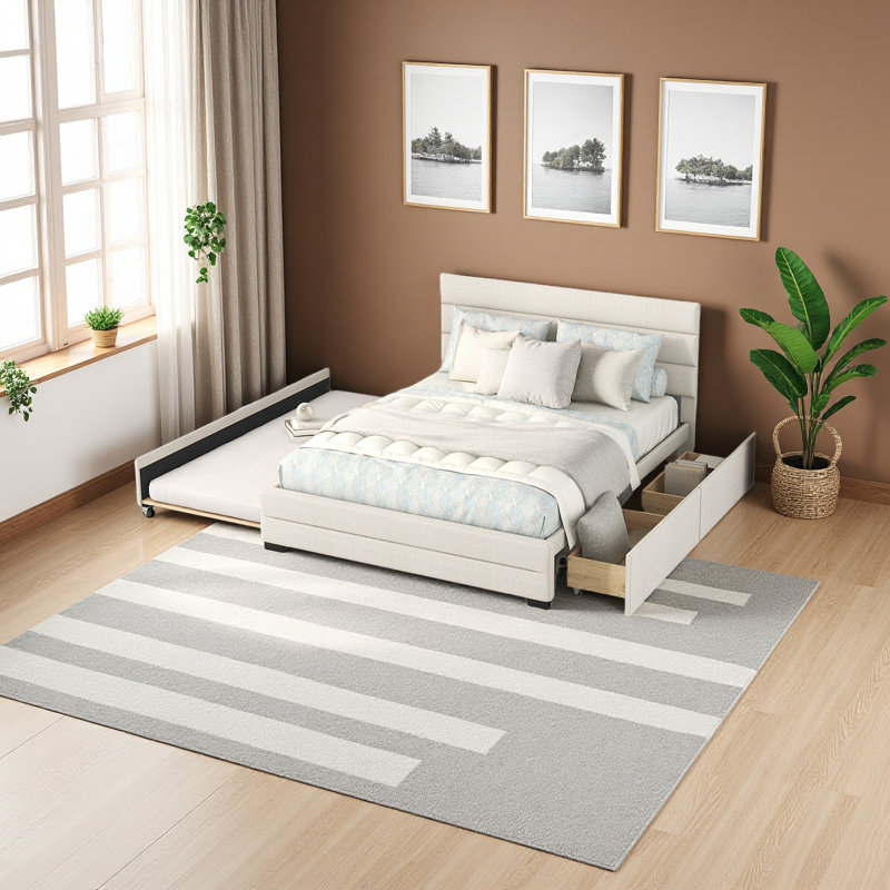Grand lit plateforme tapissier avec lit gigogne simple et deux tiroirs, Beige