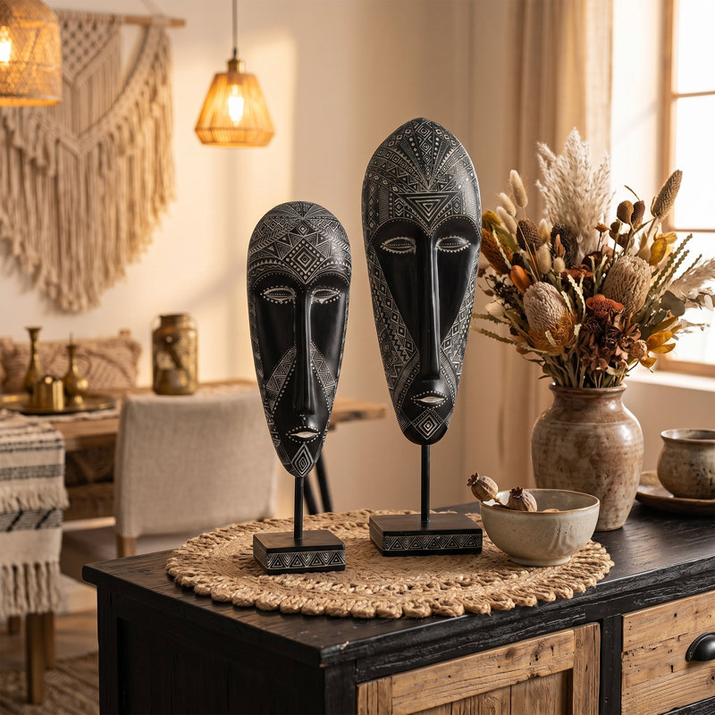 Ensemble de 2 masques de sculpture en résine noire 2 pièces, décor de table géométrique tribal avec support