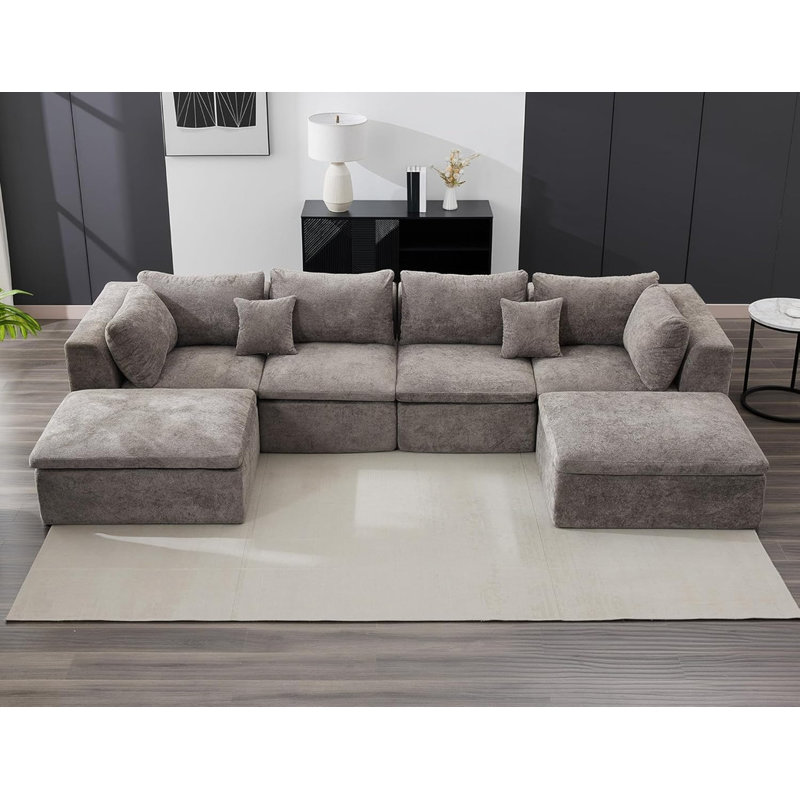 Canapé modulaire en forme de U de 140 po avec repose-pieds, méridienne double et tissu chenille pour le salon, Gris
