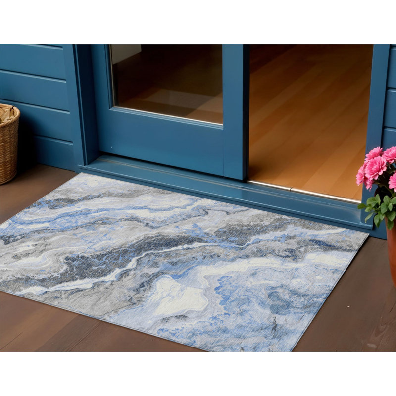 Tapis d'extérieur lavable à feuilles bleues et argentées 3 pi x 5 pi