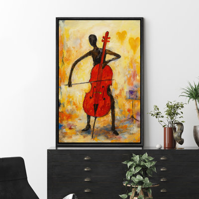 Abstract Cellist with Red Cello and Heart Accents - Pictures Framed Canvas Print Wall Art