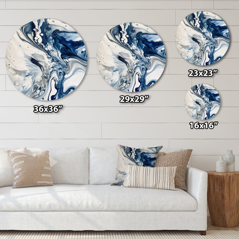 Élixir éthéré bleu et gris IV - Art abstrait rond en métal, H 16 po x l 16 po