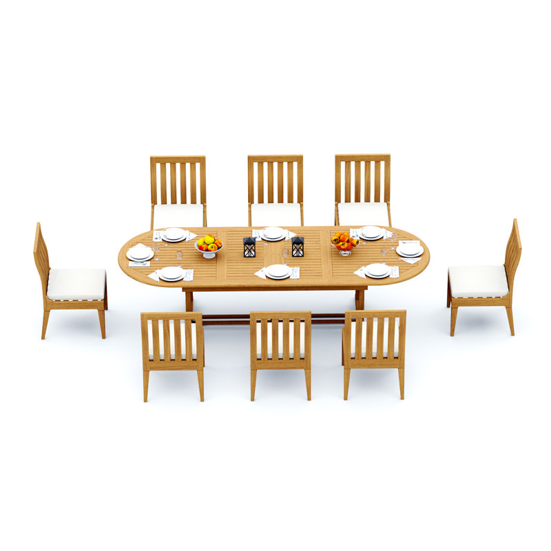 Ensemble de salle à manger en bois de teck Grade-A: table ovale à tréteaux Mas et chaises sans accoudoirs Caranas # 11Ca2300