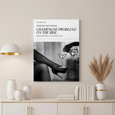 «Champagne Problems On The Rise», art en noir et blanc sur toile tendue, impression sur toile, ensemble de 1