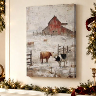 Christmas Canvas Wall Art Snowy Red Barn Farm with Cows Holiday Winter Wall Decor Xmas Farmhouse Print for Living Room Bedroom 24x36 Inch