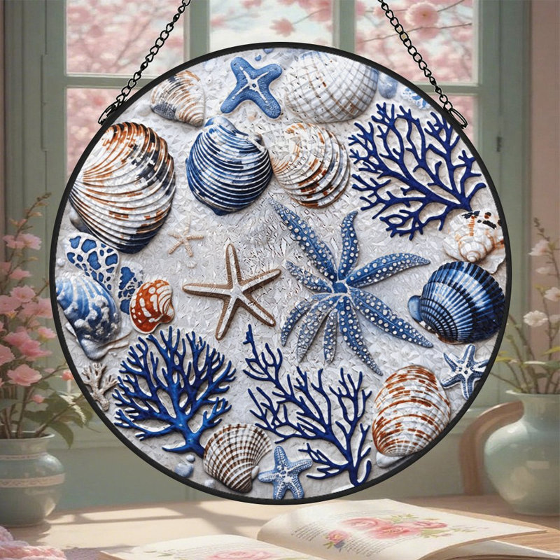 Panneau de vitrail nautique en forme de coquillage avec étoile de mer, 3.5x3.5in(9x9cm)