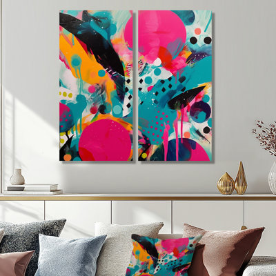 Pink And Turquoise Abstract Enigma I - Modern Wall Decor 2-Panels