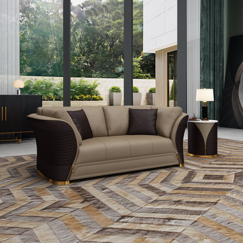Leather Loveseat, Sand Beige/Chocolate Genuine Leather