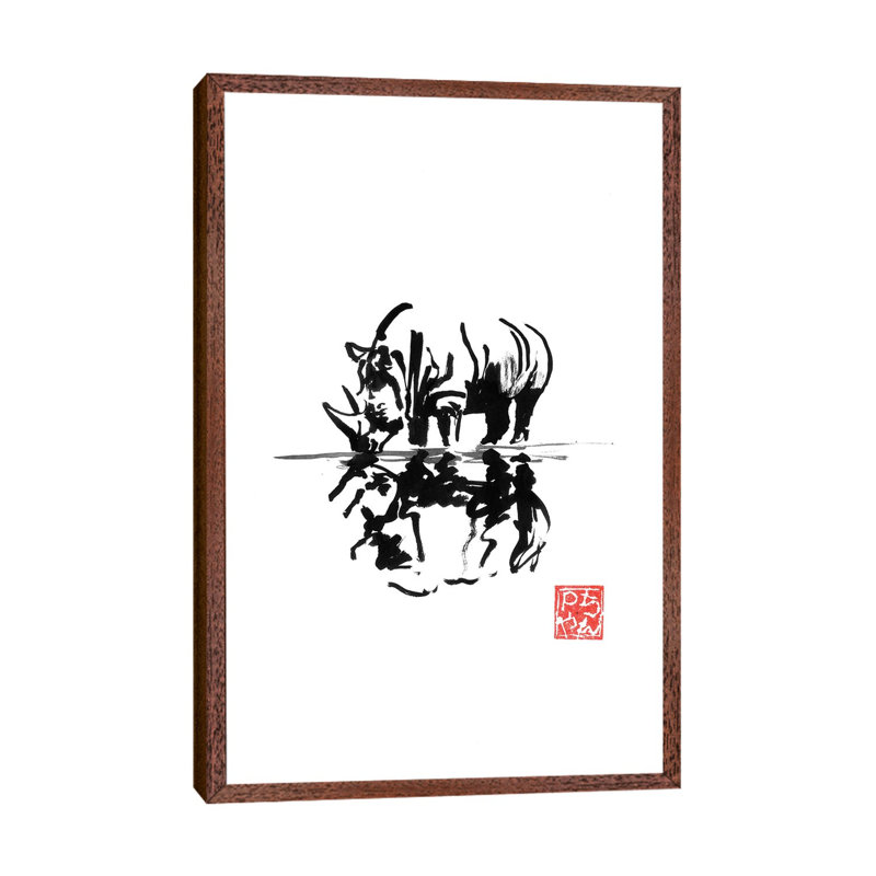 Rhinoceros by Péchane - Painting on Canvas, Classic Brown Wood Framed, 101.6 cm H x 66.04 cm W