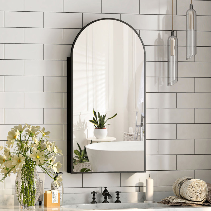 Arched Bathroom Medicine Cabinet With Mirror & Shelves,right Open,wall Mounted, Matte Black