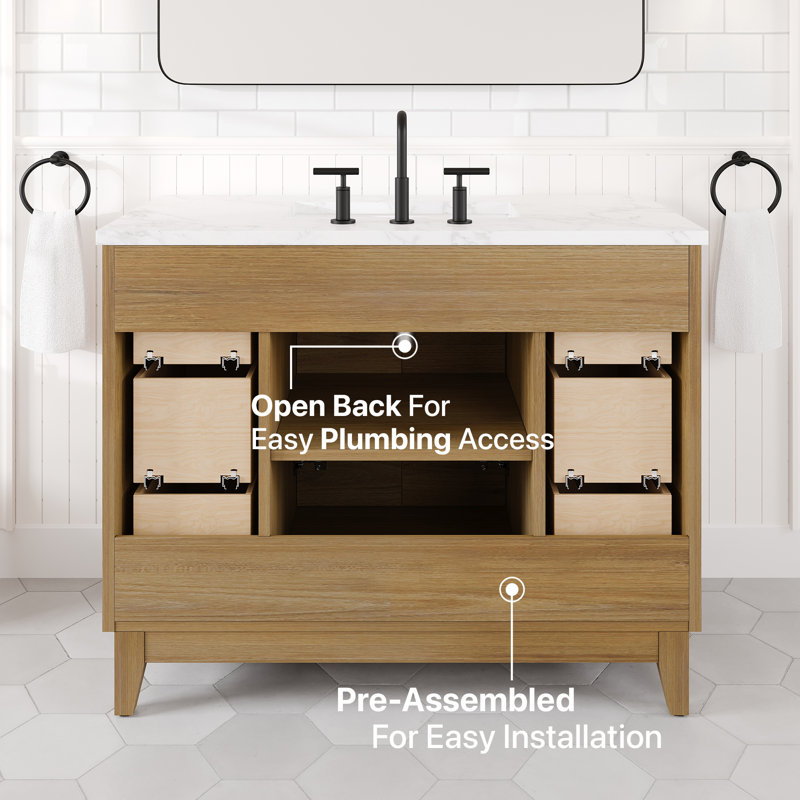 Meuble-lavabo en chêne Burtch l 42 po x P 22 po avec comptoir en pierre d'ingénierie Arabescato blanc et lavabo encastré en céramique