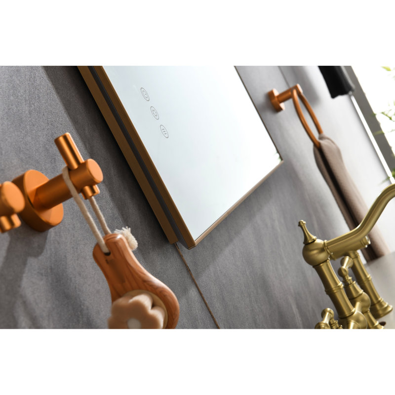Miroir de salle de bain 42 po x 24 po en aluminium doré avec dossier, brouillard, fonction de mémoire, éclairage multiple pour le rasage et miroir à DEL de couleur principale décorative, fixation murale, éclairage, design contemporain