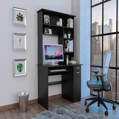 Bureau à huche, noir avec plusieurs tablettes, plateau à clavier, panneau d'unité centrale et un tiroir