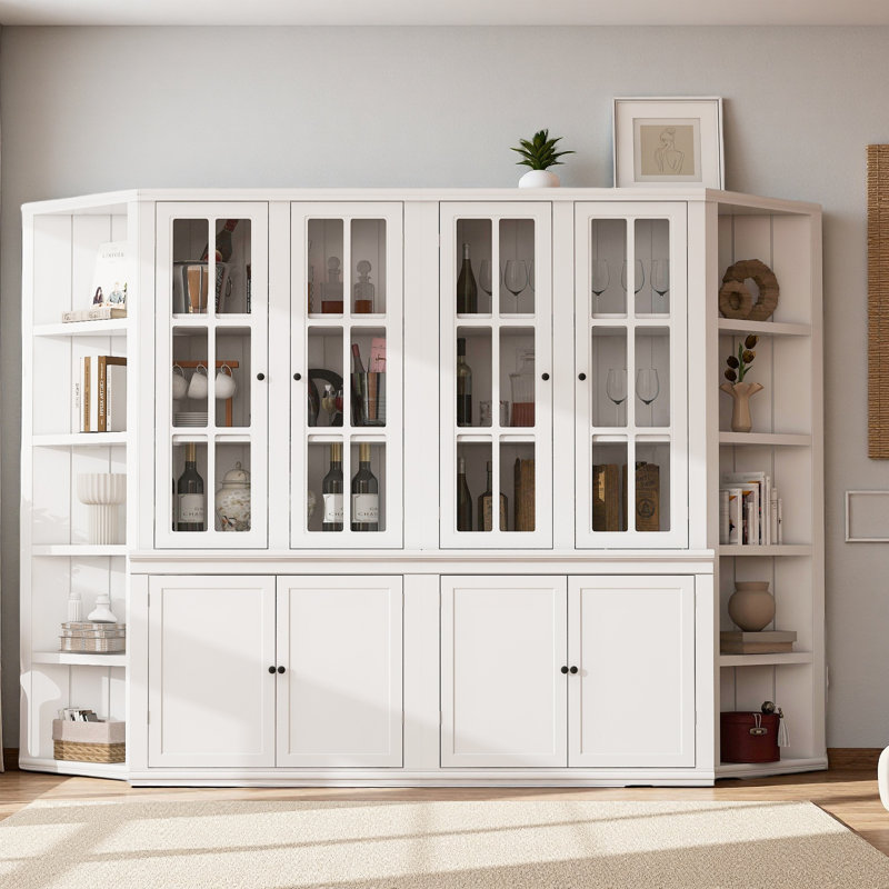 2 armoires de présentation de 75,25 po de hauteur et deux tablettes triangulaires à côtés, costume mural de style rétro de 105,5 po de largeur avec portes en verre, pour les couloirs, le salon, le bureau, le studio ou l'espace de travail