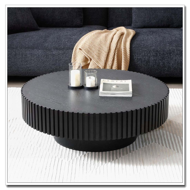 Round Coffee Table with Sturdy Pedestal, Matt Black, 13.77" H x 35.43" L x 35.43" W