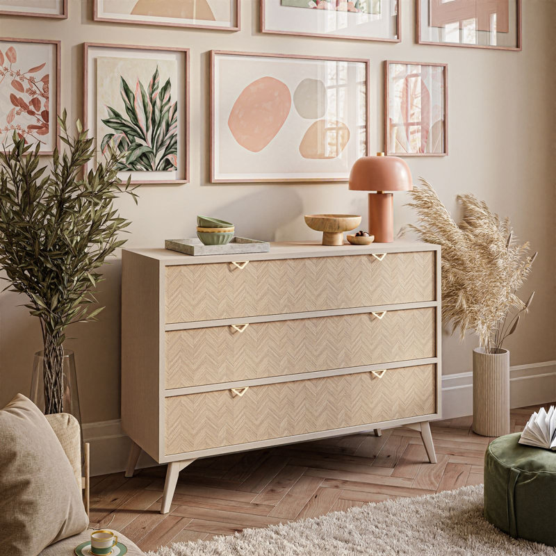 Creg 106cm W 3 - Drawer Chest of Drawers, Sand Beige/Herringbone Scandi Pattern