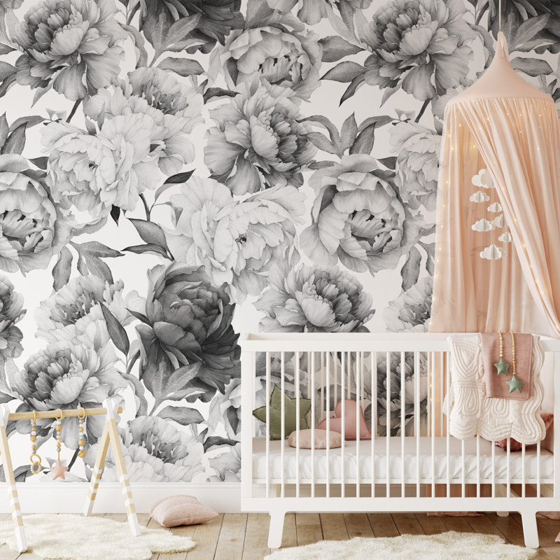 Rouleau de papier peint adhésif noir et blanc pivoine, L 24 po x H 75 po