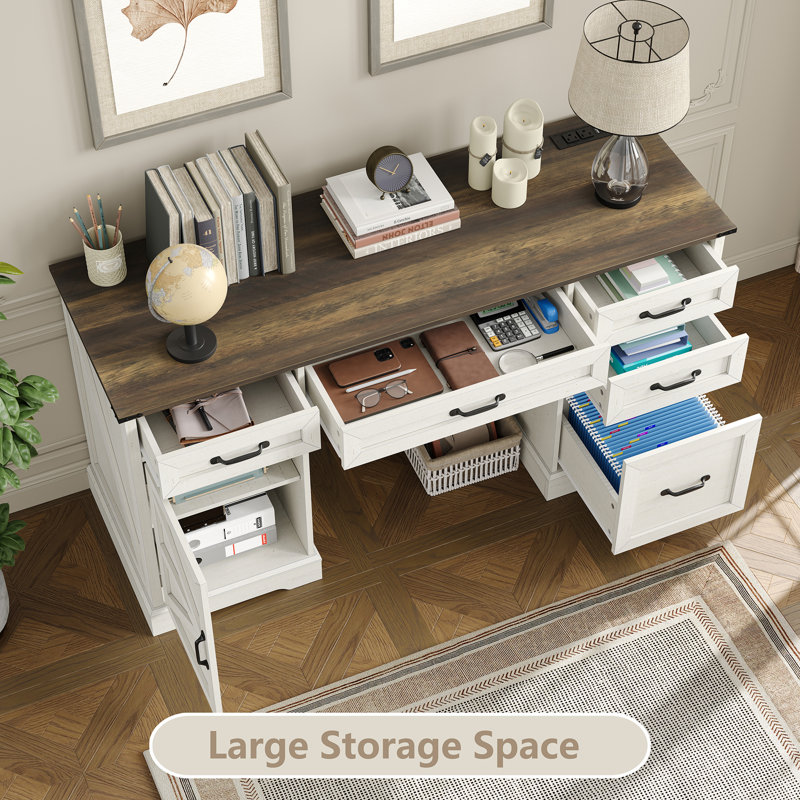 Deanjelo 57" Farmhouse Computer Desk with Outlet and 5 Drawers&Filing Cabinet,Large Storage Cabinet for Home Office,Off White/Rustic Brown