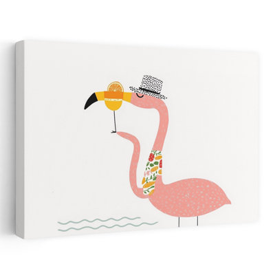 Stylish Flamingo Cocktail Whimsical Bird Flamingo Summer Tropical Wall Art Print 1 Piece Wrapped Canvas Wall Art