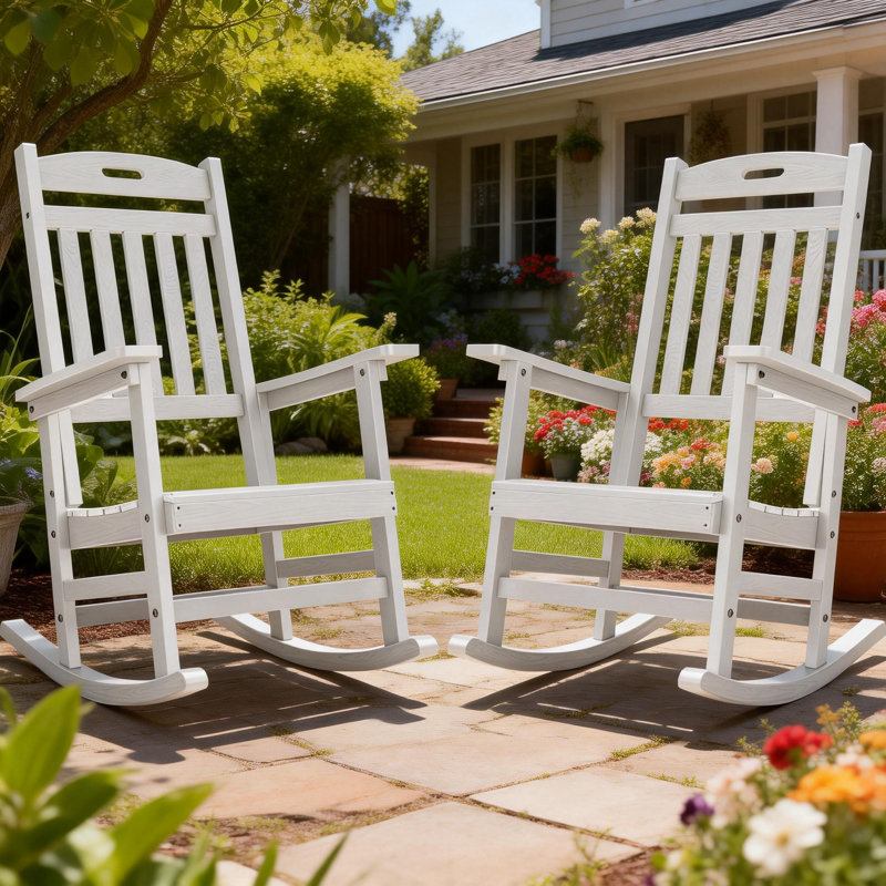 Outdoor Adirondack Rocking Chair HIPS All Weather Plastic Patio Chair Rocker（Set Of 2）, White