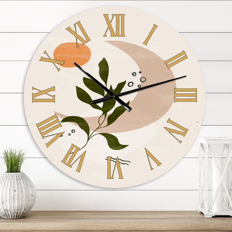 Lune géométrique abstraite avec feuille I - horloge murale moderne, Très petit