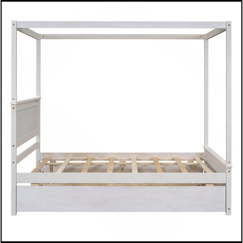 Wood Canopy Bed With Trundle Bed And Two Drawers ,Full Size Canopy Platform Bed With Support Slats .No Box Spring Needed, Brushed White
