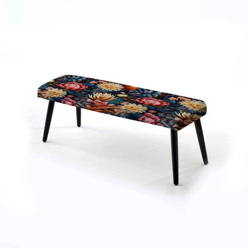 Banc noir rembourré Botanical, Kaléidoscope floral éclectique rose et bleu