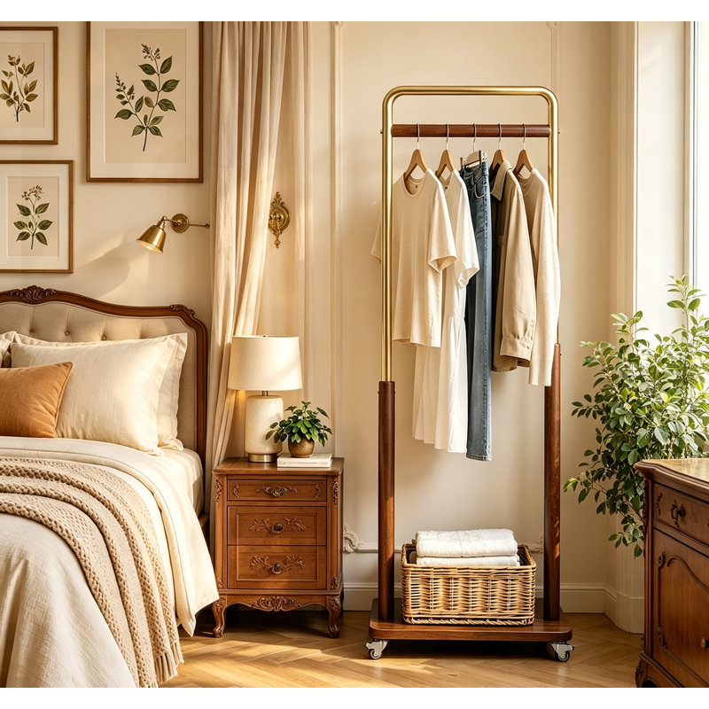 Solid Wood Rolling Coat Rack Metal Wood Combination