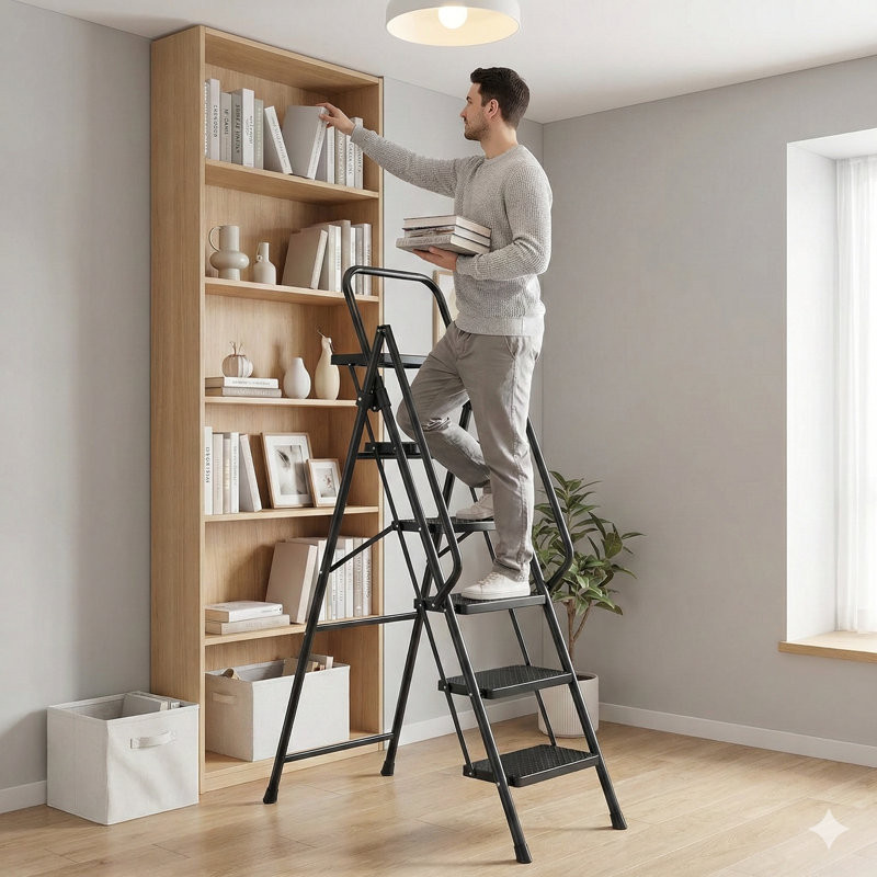 Escabeau pliable à cinq marches avec plateau à outils intégré et larges pédales antidérapantes, fabrication robuste en acier, mains courantes pratiques, escabeau en acier portable léger.