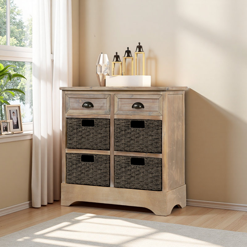 Armoire de rangement rustique avec deux tiroirs et quatre paniers en rotin classiques pour la salle à manger / salon