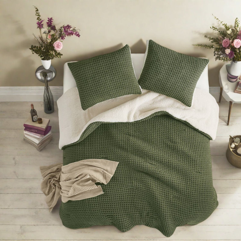 Luxury Waffle Knit Chenille Bedding Set, Full/queen, Ultra-soft Sherpa Reverse, Olive