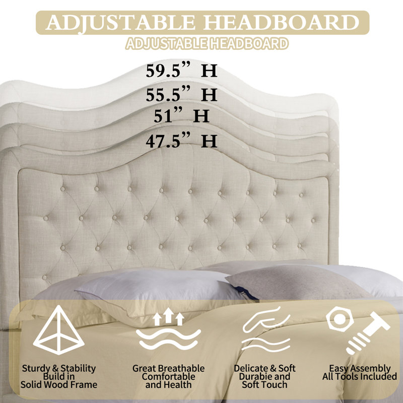 Lark Manor™ Upholstered Tufted Natural Linen Adjustable Headboard Bed, Beige, Queen