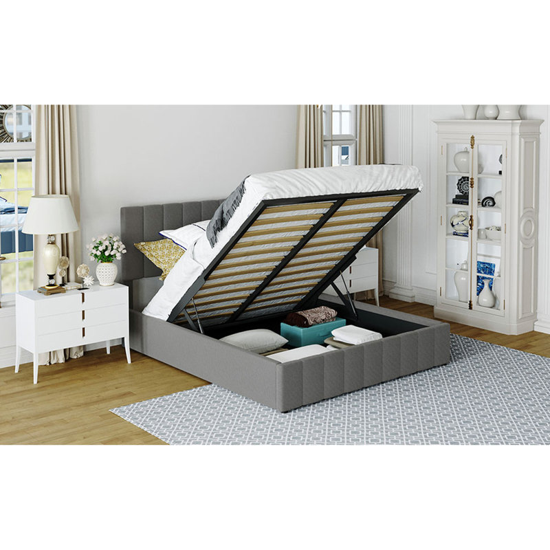 Grand lit plateforme tapissier avec système de rangement hydraulique - gris