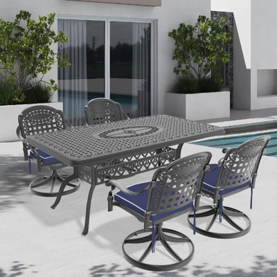 Ensemble de salle à manger 5 pièces en aluminium coulé résistant aux intempéries, comprenant 4 chaises pivotantes et une table rectangulaire avec cadre
