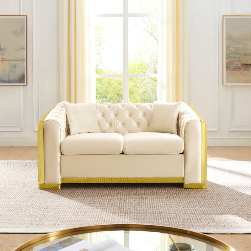 Canapé Chesterfield en velours capitonné à boutons, Beige
