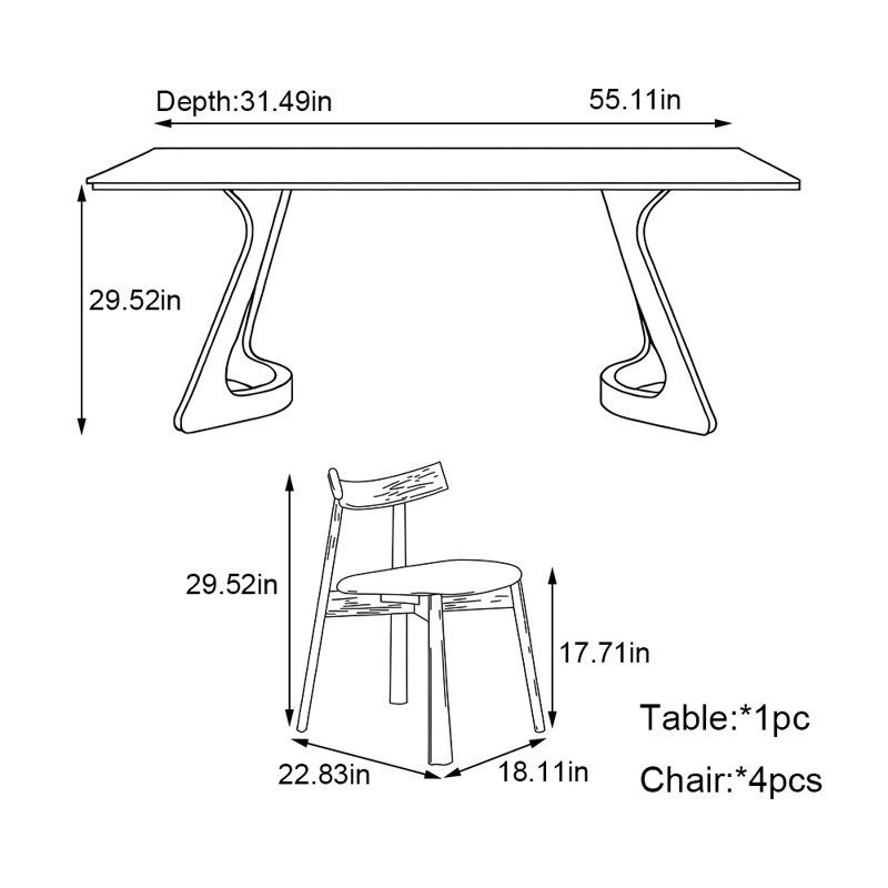 Ensemble de table de salle à manger rectangulaire en bois de frêne, H 29,52 po x L 55,11 po x l 31,49 po