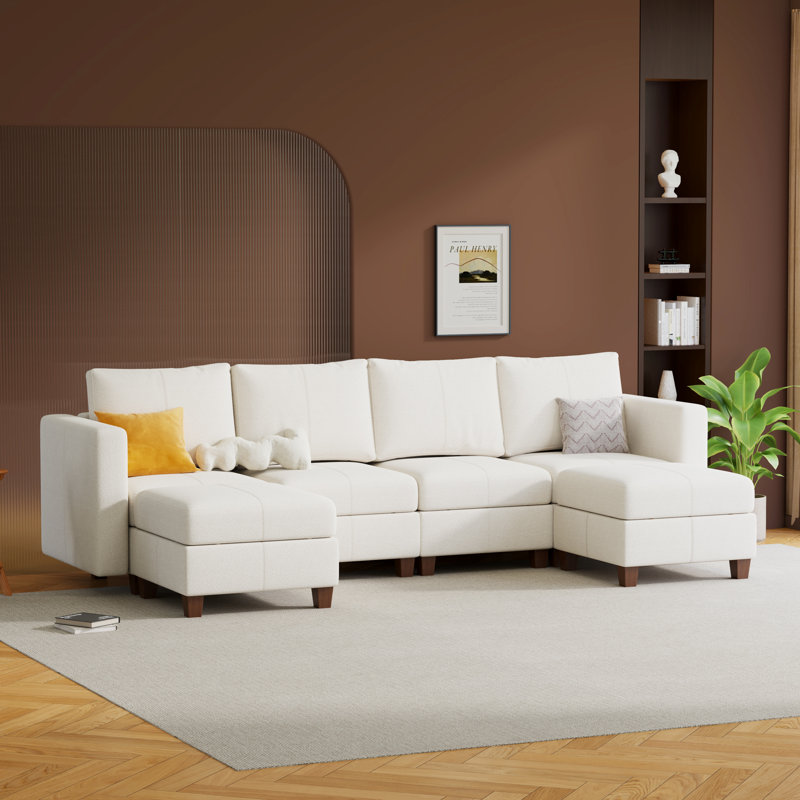  Canapé modulaire modulaire avec repose-pieds avec rangement, canapé modulaire rembourré et confortable pour salon, chambre à coucher, canapé 4 places en forme de U avec 2 repose-pieds, chenille en blanc