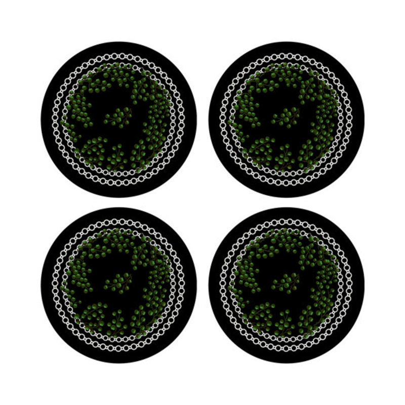 Christmas Berries Vegan Leather Round Pebble Placemat, Green Black