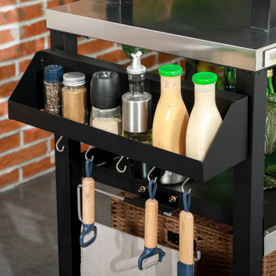 Chariot à nourriture mobile pour l'extérieur, table en acier inoxydable, L 39,02 po x l 25,5 po, avec crochets, îlot de cuisine noir, plateau de table, 66 lb Capacité de poids