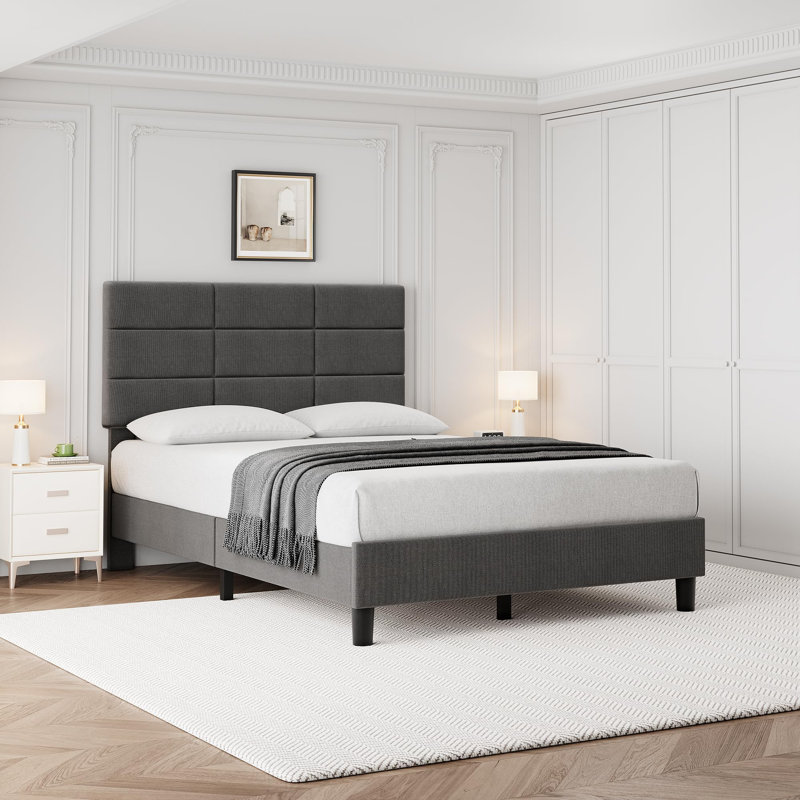 Base de lit tapissier réglable avec tête de lit en lin - lattes de bois silencieuses et support en métal - sommier robuste, aucun sommier nécessaire - assemblage facile, taille simple, gris clair