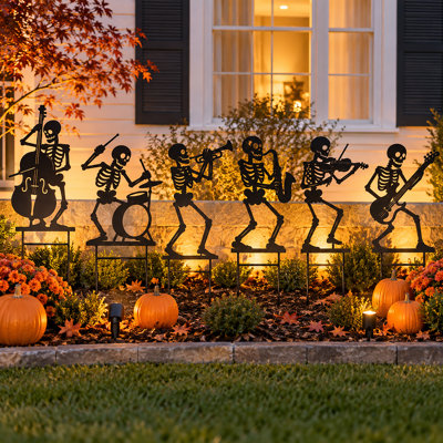 22"" Halloween Skeleton Jazz Band Musicians Black Silhouette Yard Stake, Set Of 6