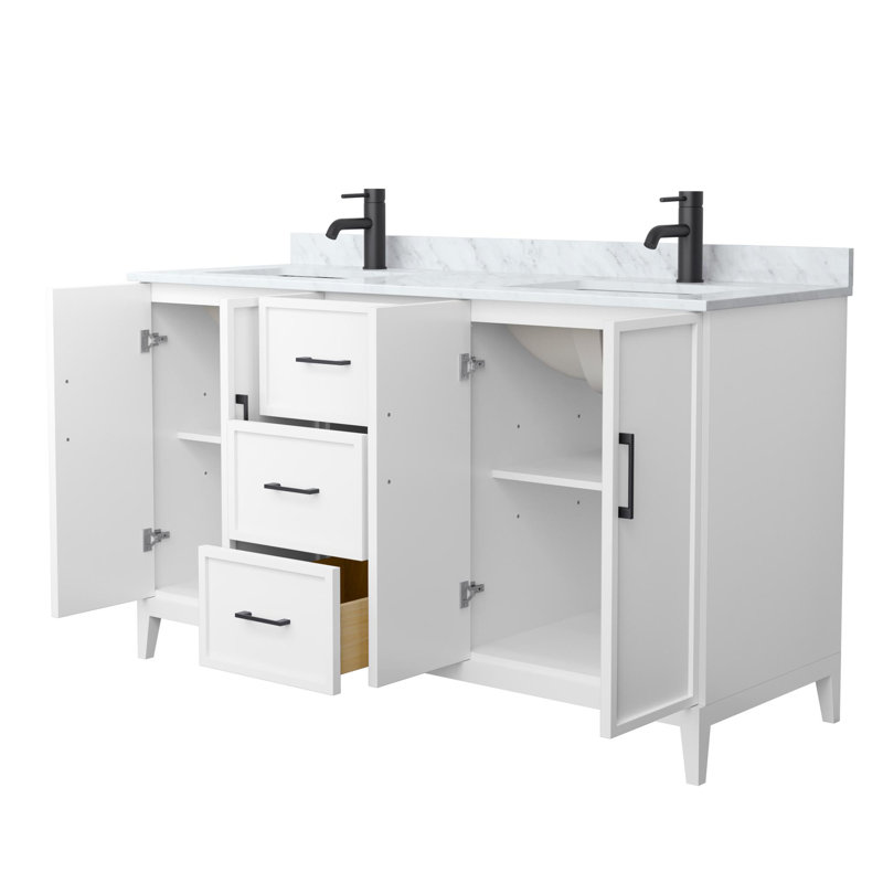Elan Double Bathroom Vanity with Marble Top, White, Brushed Nickel, 60"