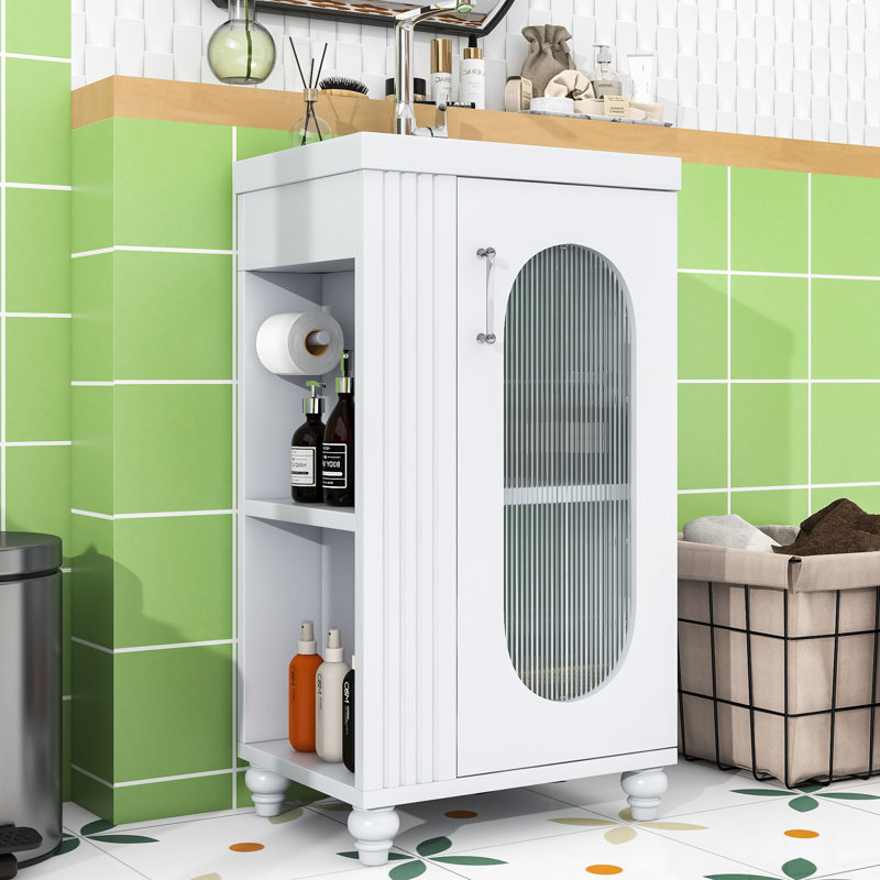 Meuble-lavabo autoportant simple avec lavabo en céramique, porte-papier hygiénique et tablette réglable, Blanc