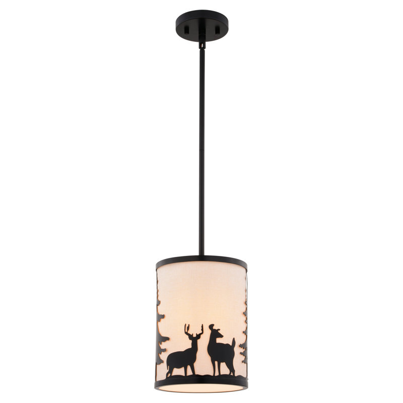 Jorene Bronze Rustic Mini Pendant Ceiling Light White Linen Shade Deer And Tree