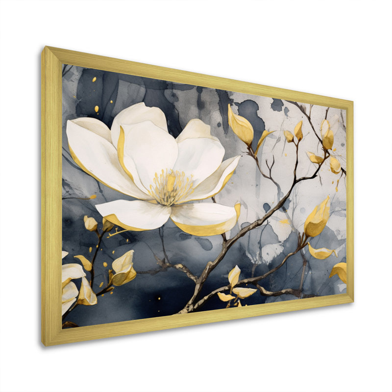 Jaune jaune, gris, magnolia, nature, élégance III - art mural sur toile florale, H 24 po x l 32 po x P 1 po, Encadrement doré