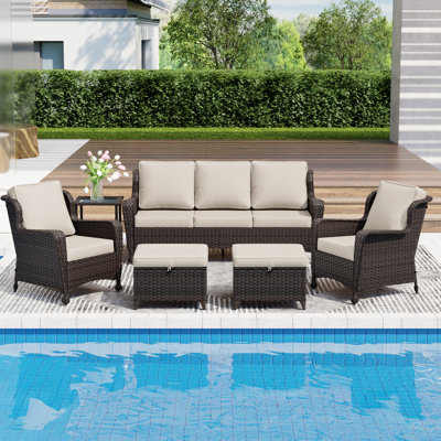 5-Person Patio PE Wicker Furniture Set with Side Table, 3-Seat Sofa, 2 Armchairs and 2 Ottomans with Beige Cushions