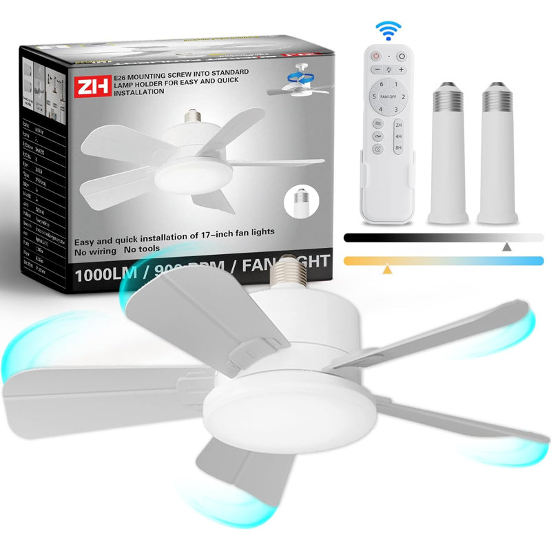Ventilateur à douille de 17 po avec télécommande et 2 rallonges de douille, ventilateurs de plafond à vis sans fil avec lumières à intensité variable, ventilateur d'ampoule jusqu'à 1200LM / 6500K pour la cuisine, la salle de rangement et la salle 