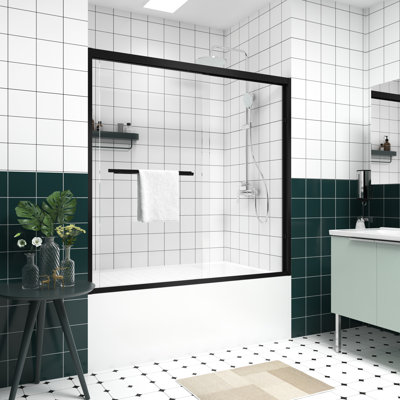 Double Sliding Bathtub Screen With Adjustable Width 56 - 60", 1/4"  6Mm  & Tempered Glass, Black Hardware, Smooth Aluminum Frame Screen, Handle Design, Reversible Setup, Waterproof